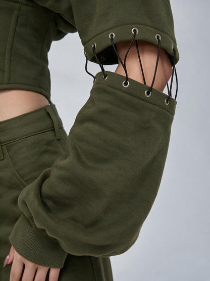 Army Green High Street Cutout Sleeve Waist Slim Hooded  2 Piece Set