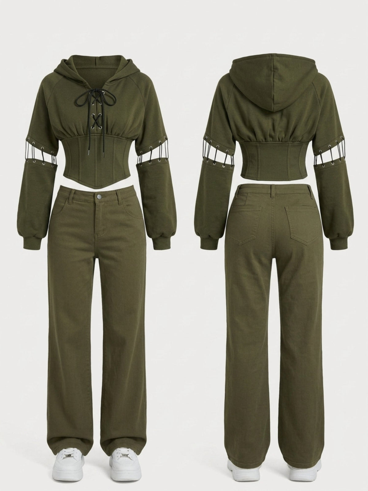 Army Green High Street Cutout Sleeve Waist Slim Hooded  2 Piece Set