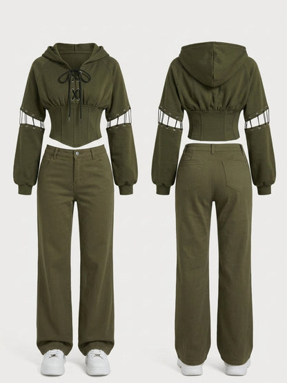 Army Green High Street Cutout Sleeve Waist Slim Hooded  2 Piece Set