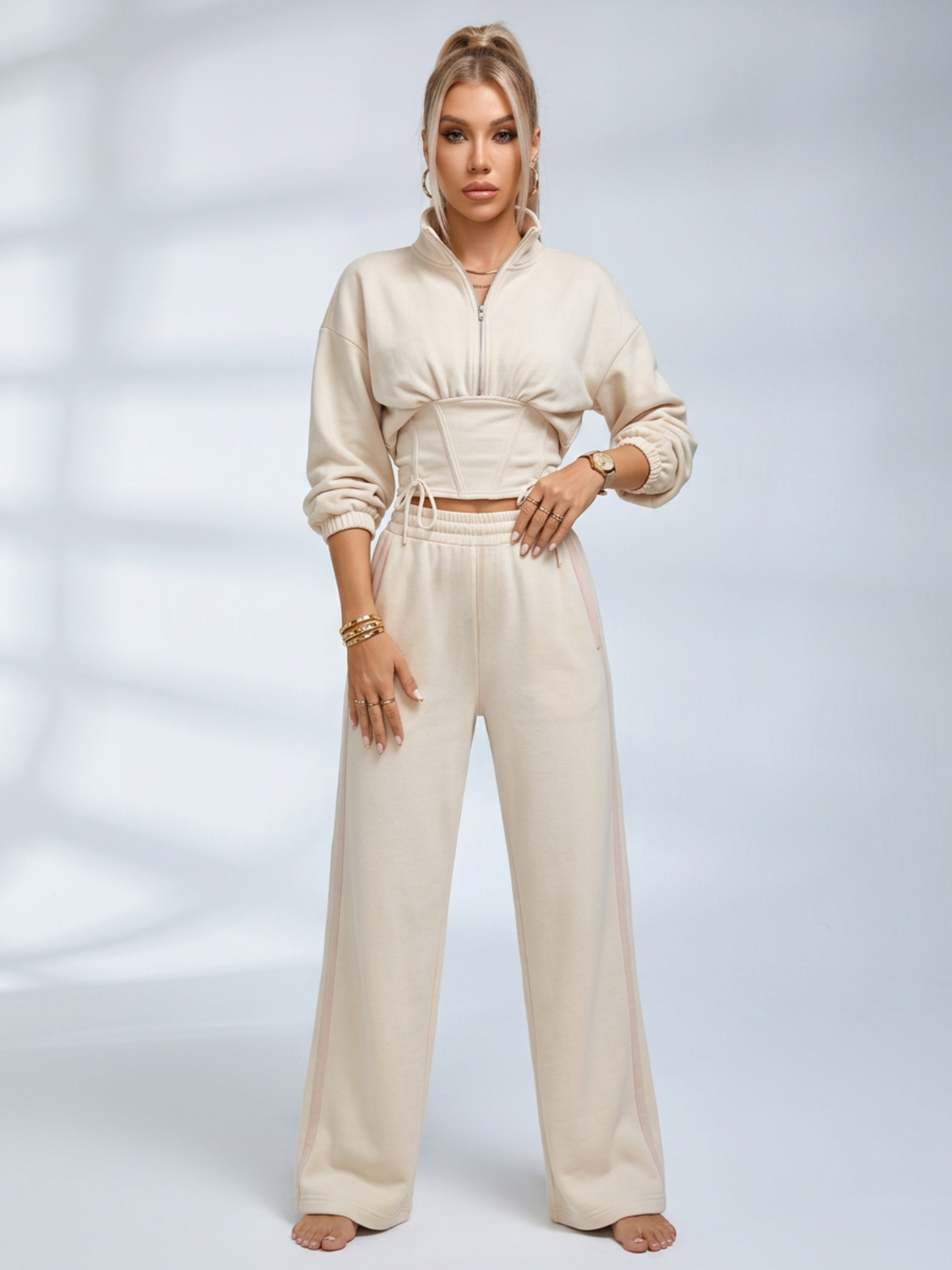 Half Zip Stand Collar Corset Sweatshirt Side Stripe Wide Leg Pants 2 Piece Set