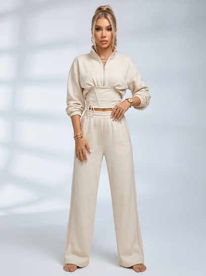 Half Zip Stand Collar Corset Sweatshirt Side Stripe Wide Leg Pants 2 Piece Set