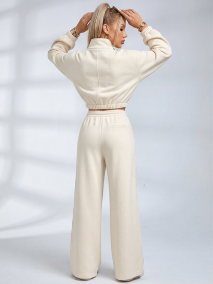 Half Zip Stand Collar Corset Sweatshirt Side Stripe Wide Leg Pants 2 Piece Set