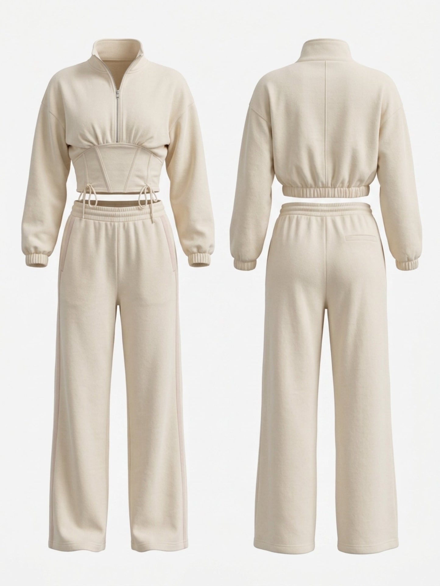 Half Zip Stand Collar Corset Sweatshirt Side Stripe Wide Leg Pants 2 Piece Set