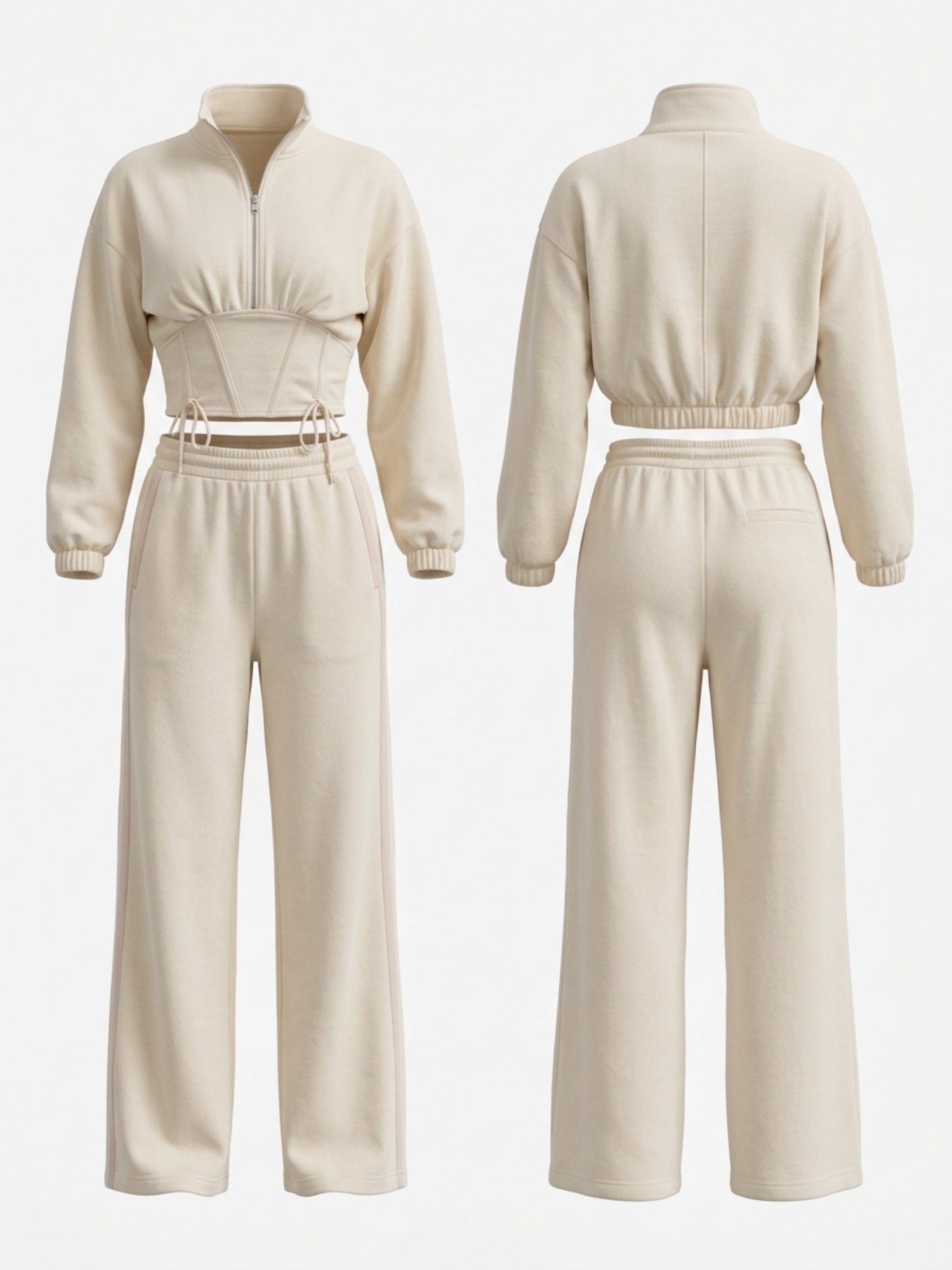 Half Zip Stand Collar Corset Sweatshirt Side Stripe Wide Leg Pants 2 Piece Set