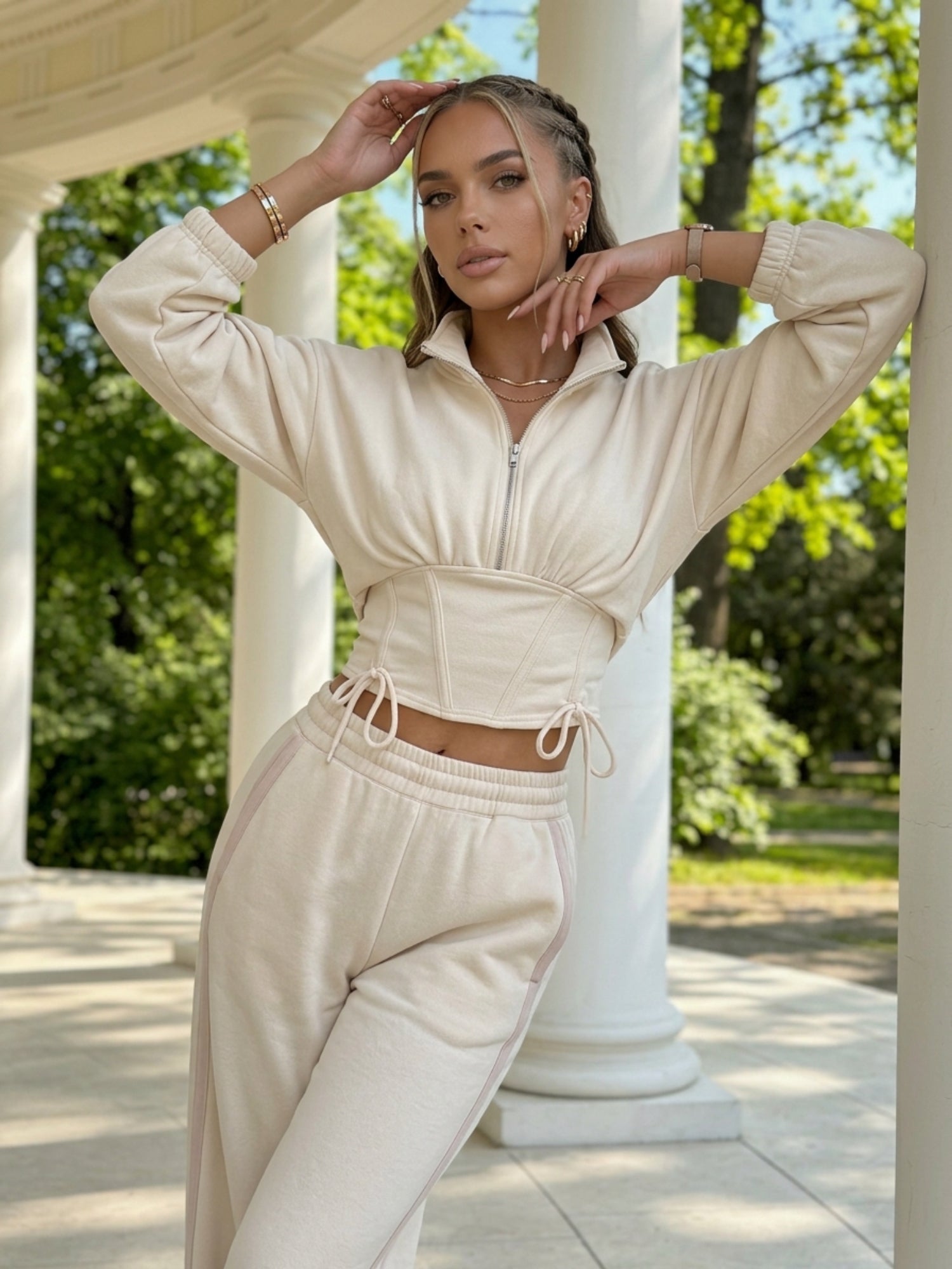 Half Zip Stand Collar Corset Sweatshirt Side Stripe Wide Leg Pants 2 Piece Set