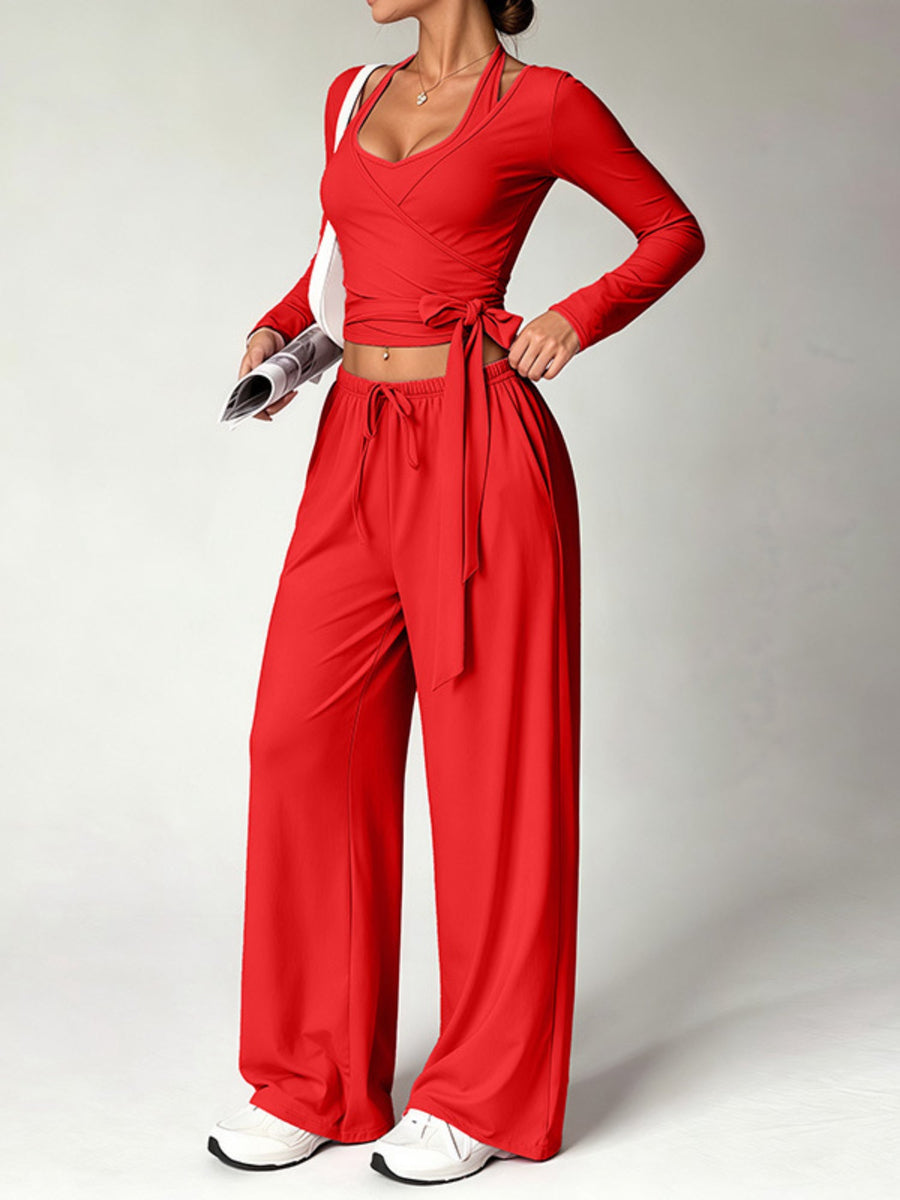 Halter Tie Waist 3 Piece Wide Leg Pant Set