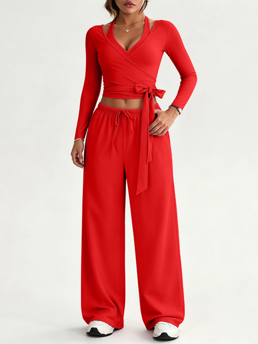 Halter Tie Waist 3 Piece Wide Leg Pant Set