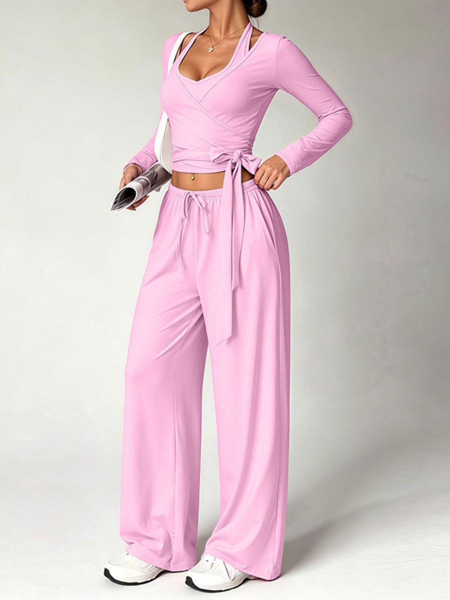 Halter Tie Waist 3 Piece Wide Leg Pant Set
