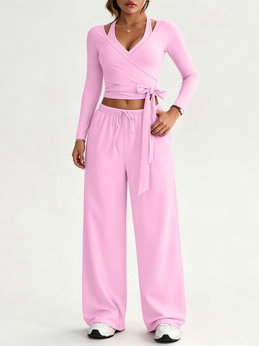 Halter Tie Waist 3 Piece Wide Leg Pant Set