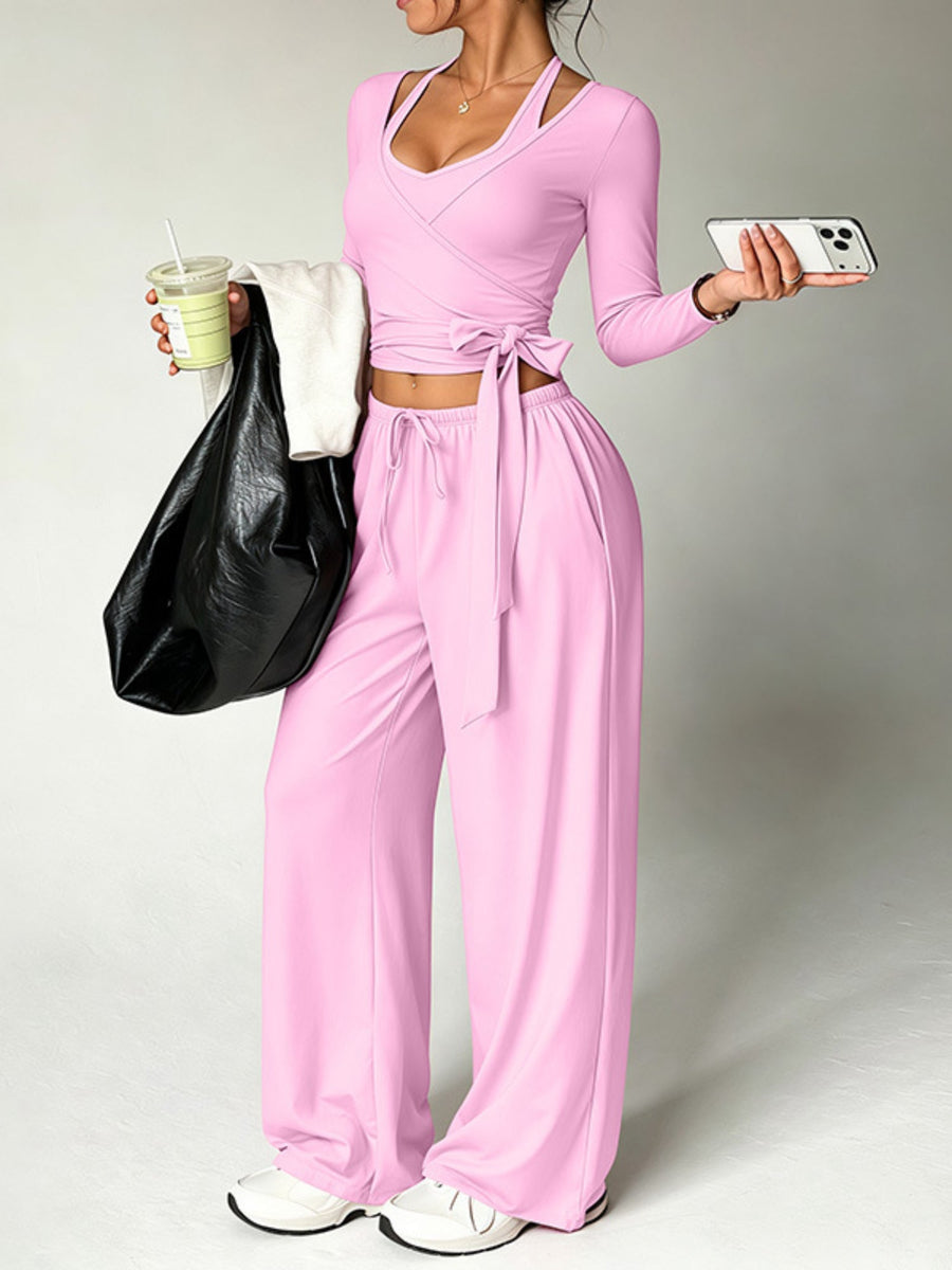 Halter Tie Waist 3 Piece Wide Leg Pant Set