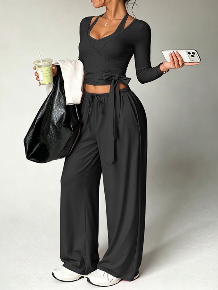 Halter Tie Waist 3 Piece Wide Leg Pant Set