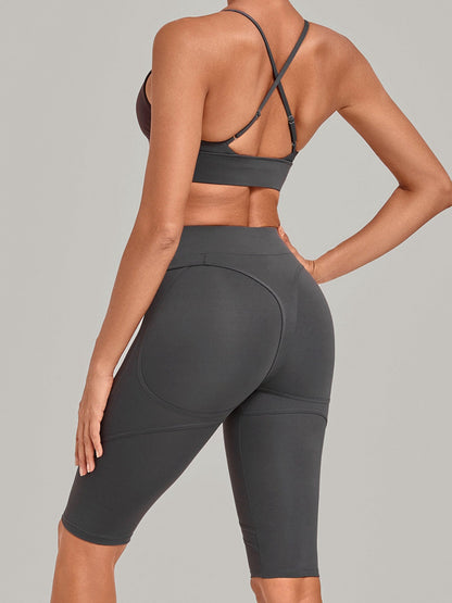 V Neck Sports Bra & Knee Length Shorts 2 Piece Yoga Set