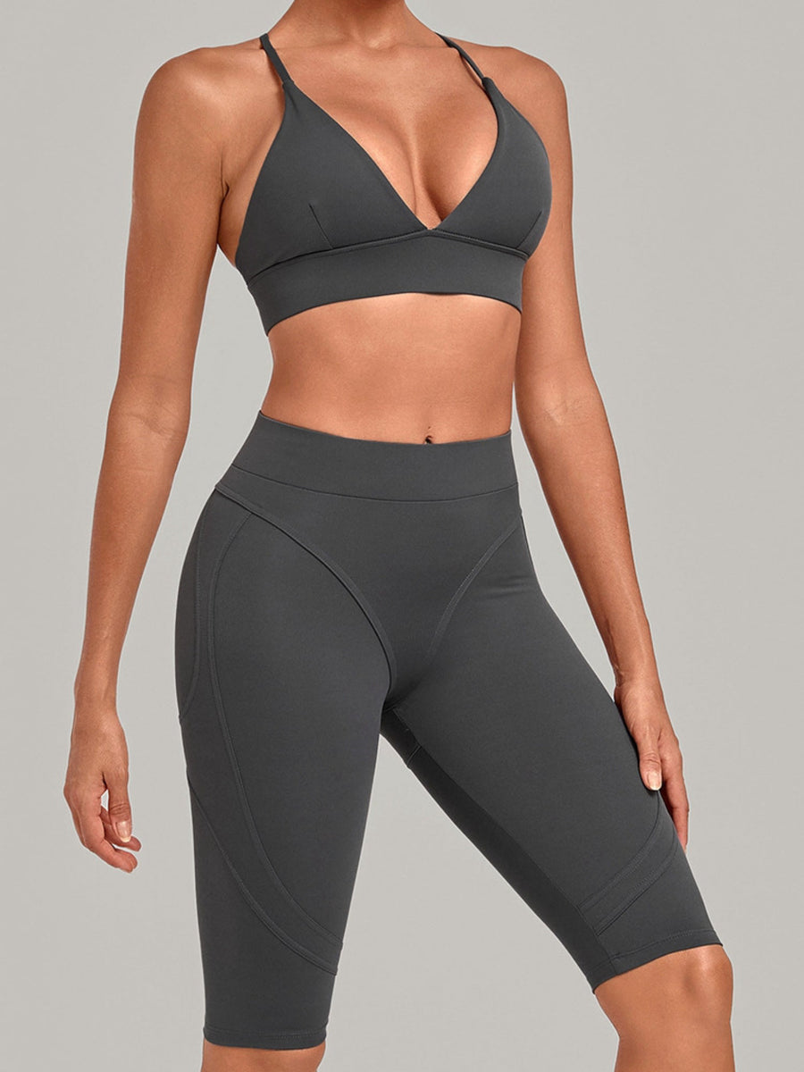 V Neck Sports Bra & Knee Length Shorts 2 Piece Yoga Set