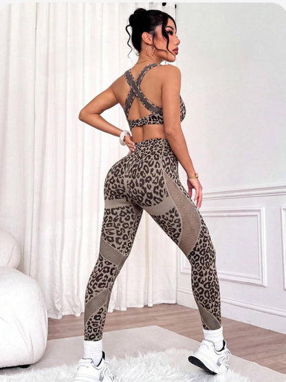 Leopard Print Criss Cross Back 2 Piece Yoga Set