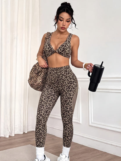 Leopard Print Criss Cross Back 2 Piece Yoga Set