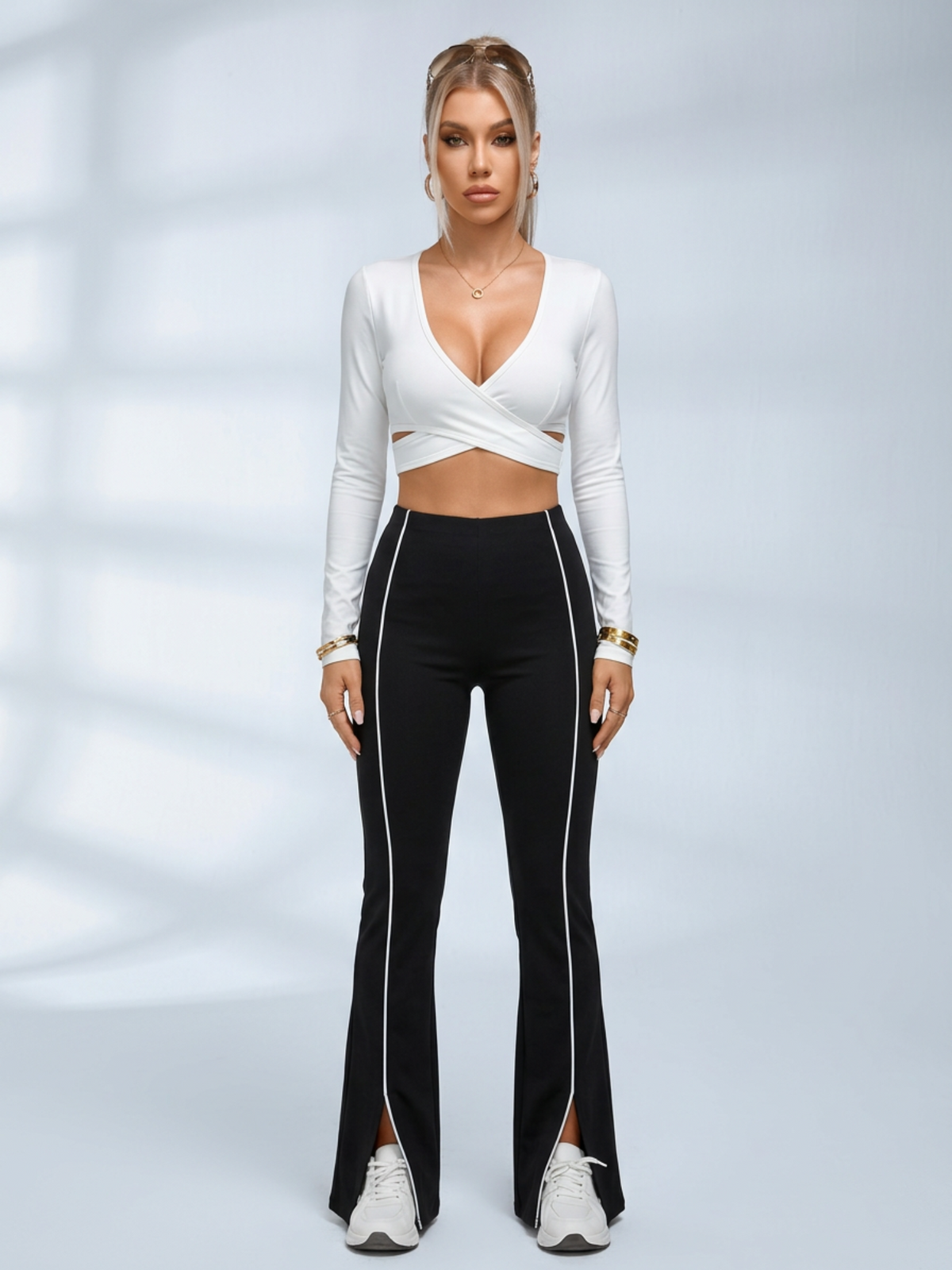 V-Neck Wrap Cutout Long Sleeve Crop Set