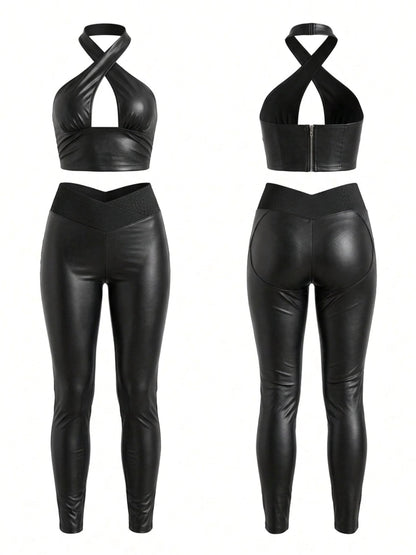 High Waist Shiny Leather Look Workout Outfit