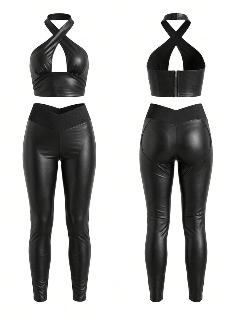 High Waist Shiny Leather Look Workout Outfit