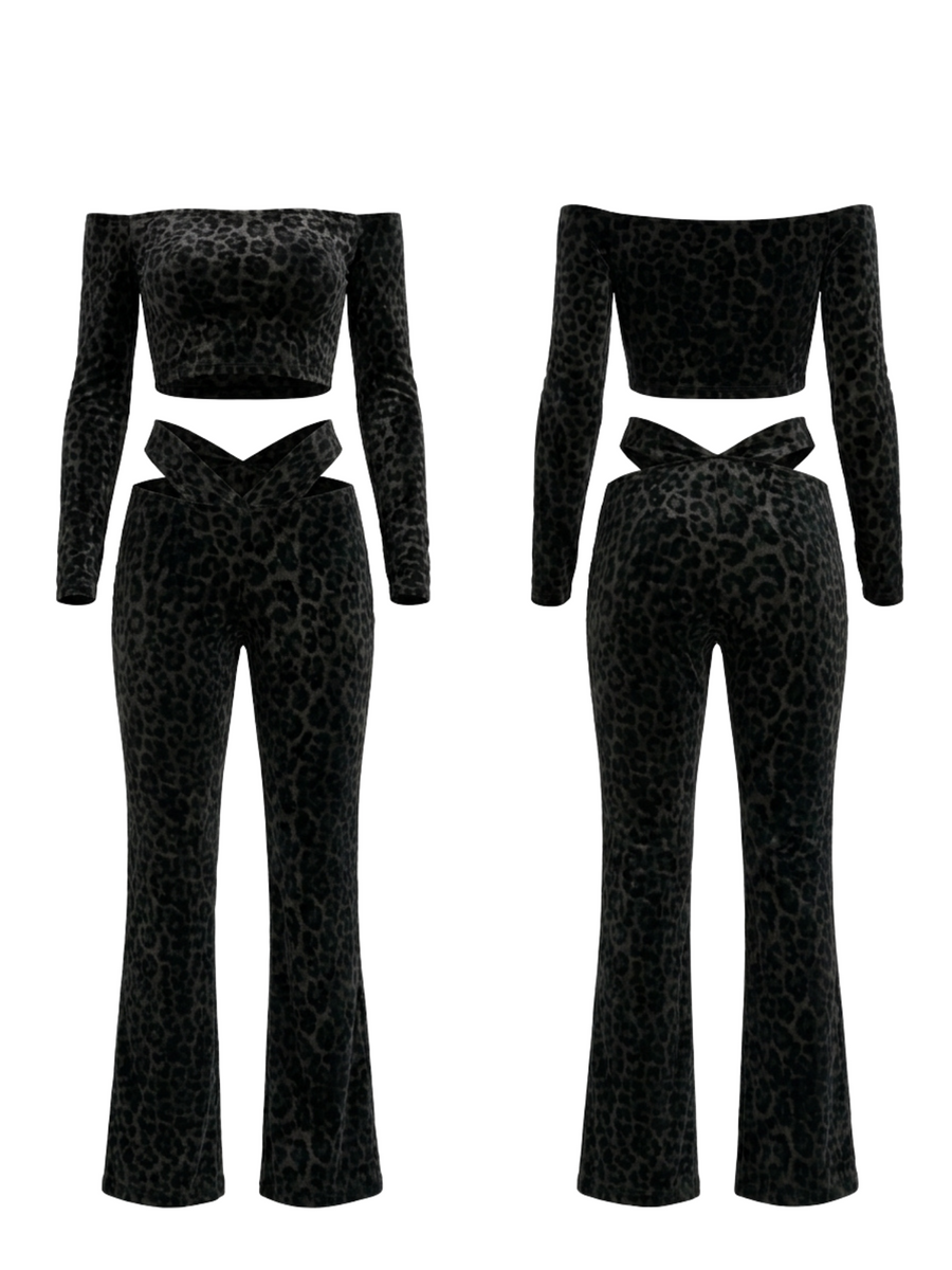 Off Shoulder Leopard Velvet 2 Piece Set