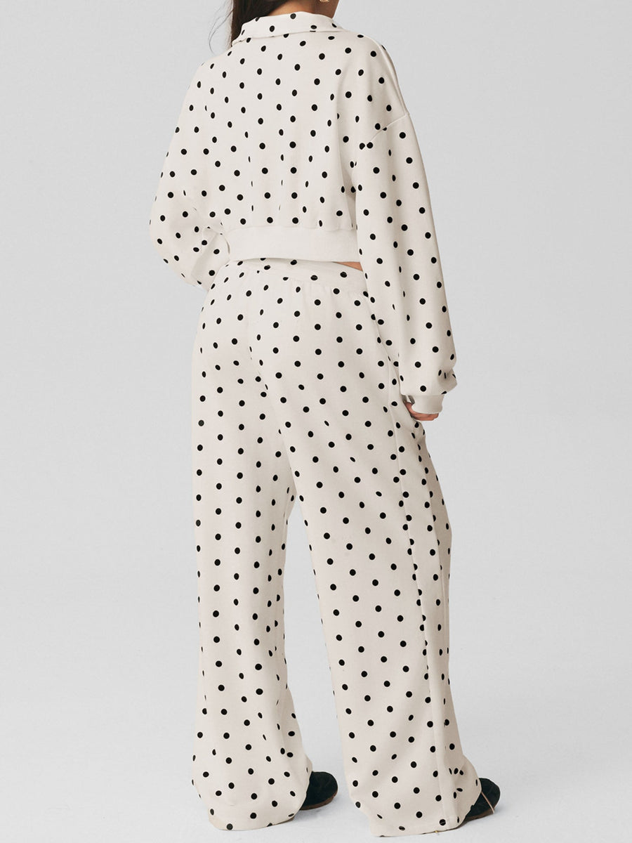 Polka Dot Cropped Sweatshirt Wide Leg Pants 2 Piece Set