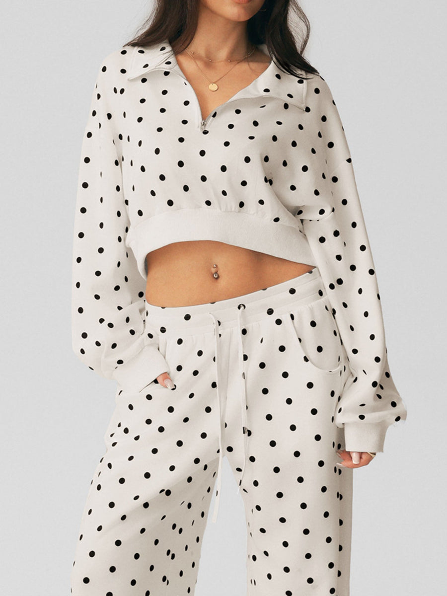 Polka Dot Cropped Sweatshirt Wide Leg Pants 2 Piece Set