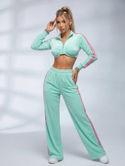 Velour Striped Cropped Tracksuit 2 Piece Outfit