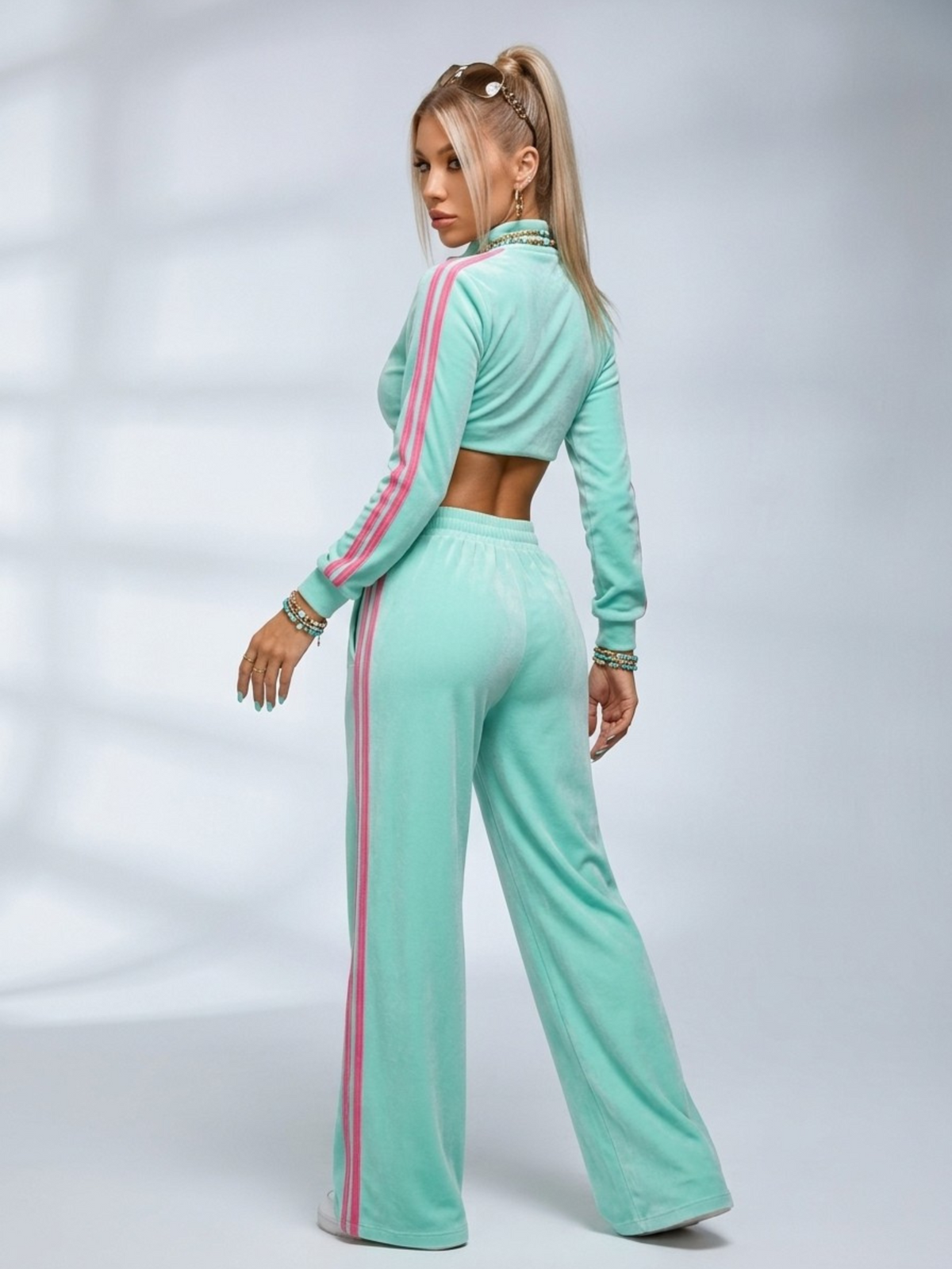 Velour Striped Cropped Tracksuit 2 Piece Outfit