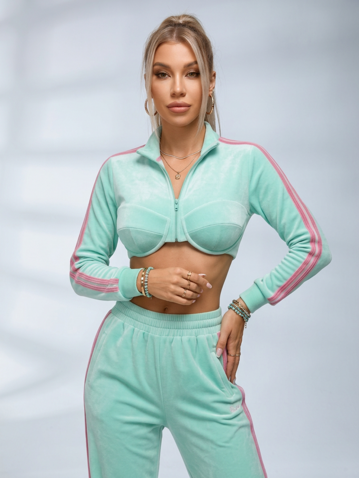 Velour Striped Cropped Tracksuit 2 Piece Outfit