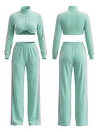 Velour Striped Cropped Tracksuit 2 Piece Outfit