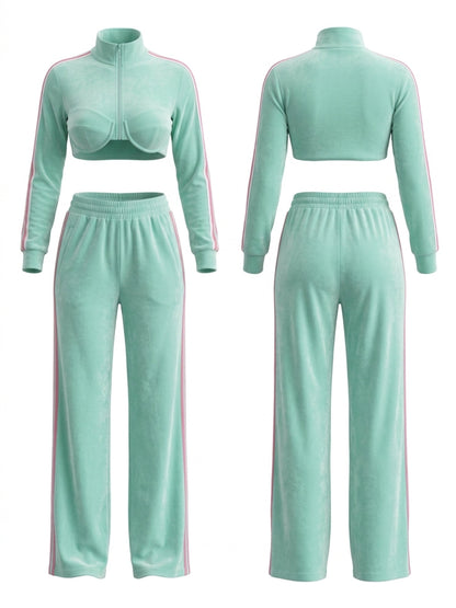 Velour Striped Cropped Tracksuit 2 Piece Outfit