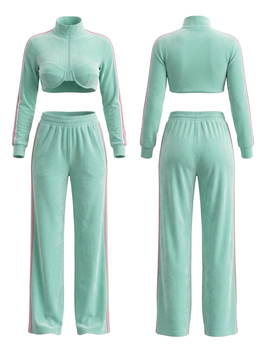 Velour Striped Cropped Tracksuit 2 Piece Outfit