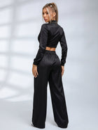 Satin Corset Zip Crop Top Wide Leg Pants 2 Piece Set
