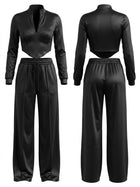 Satin Corset Zip Crop Top Wide Leg Pants 2 Piece Set