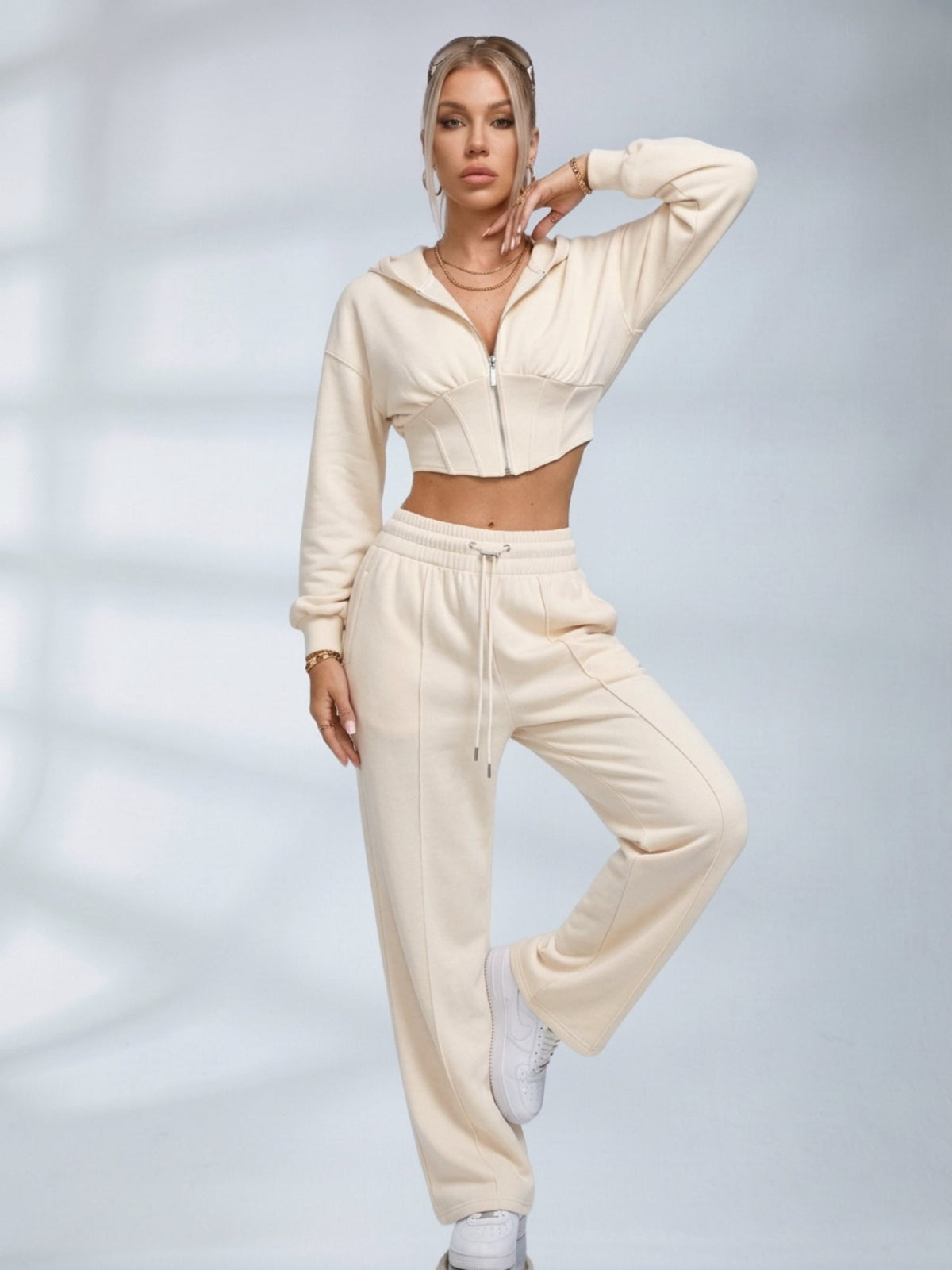 Cropped Zip Hoodie Wide Leg Pants 2 Piece Set