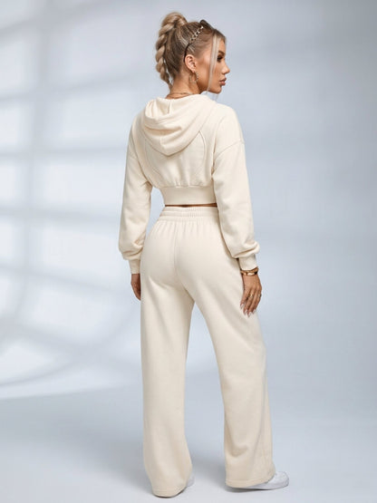 Cropped Zip Hoodie Wide Leg Pants 2 Piece Set