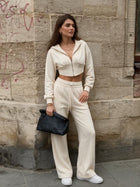 Cropped Zip Hoodie Wide Leg Pants 2 Piece Set