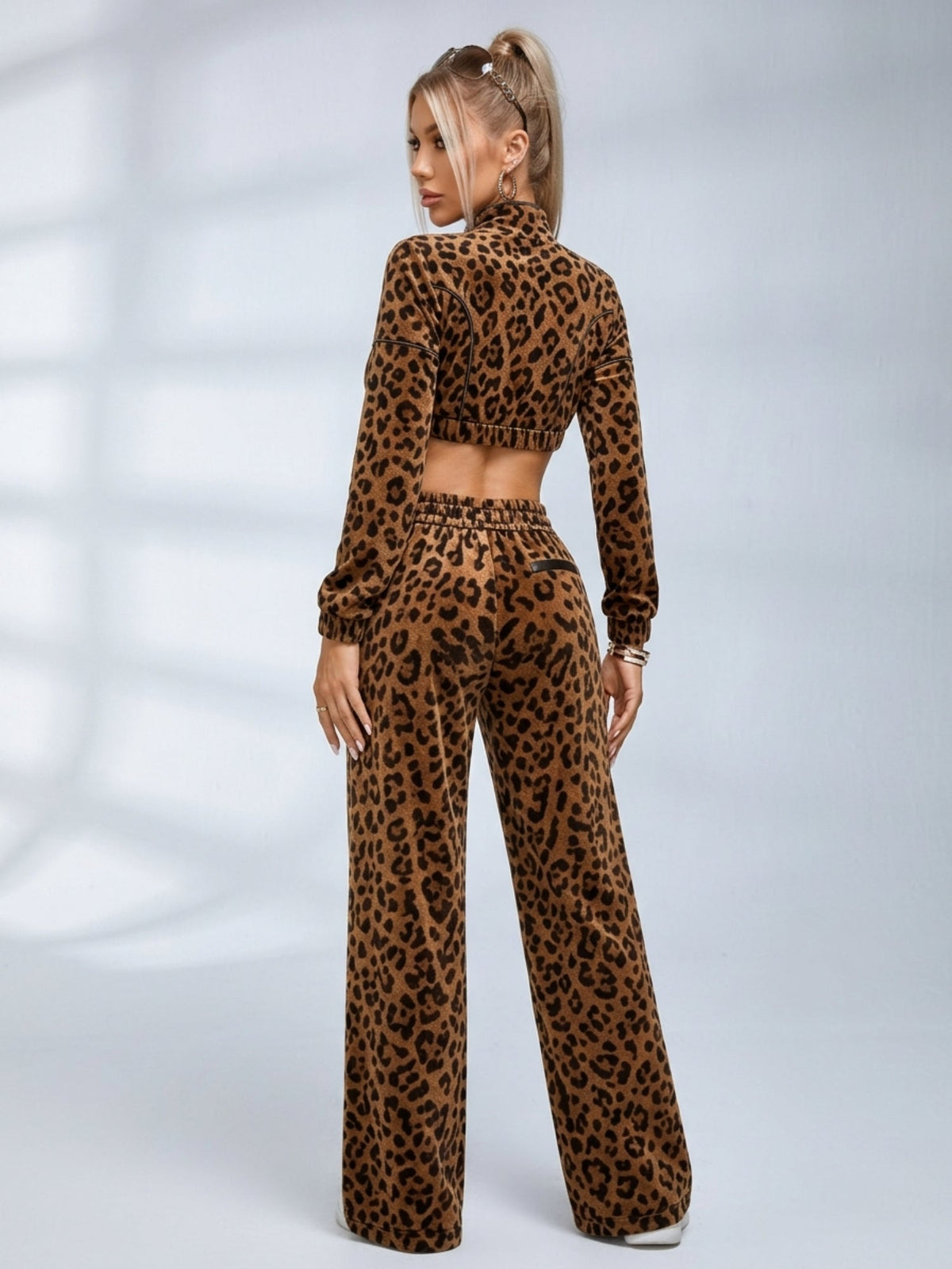 Leopard Print Velour Crop Top Wide Leg Pants 2 Piece Set