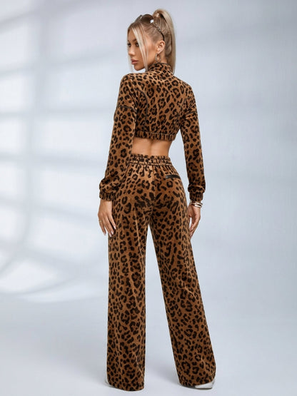 Leopard Print Velour Crop Top Wide Leg Pants 2 Piece Set