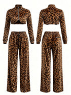 Leopard Print Velour Crop Top Wide Leg Pants 2 Piece Set