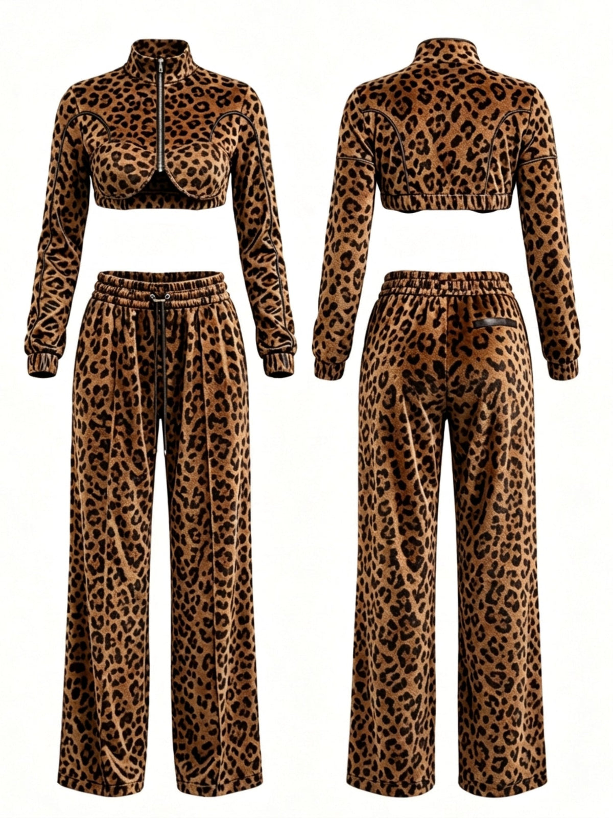 Leopard Print Velour Crop Top Wide Leg Pants 2 Piece Set