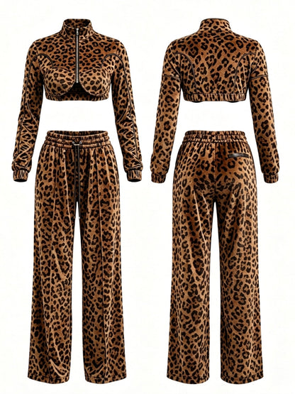 Leopard Print Velour Crop Top Wide Leg Pants 2 Piece Set