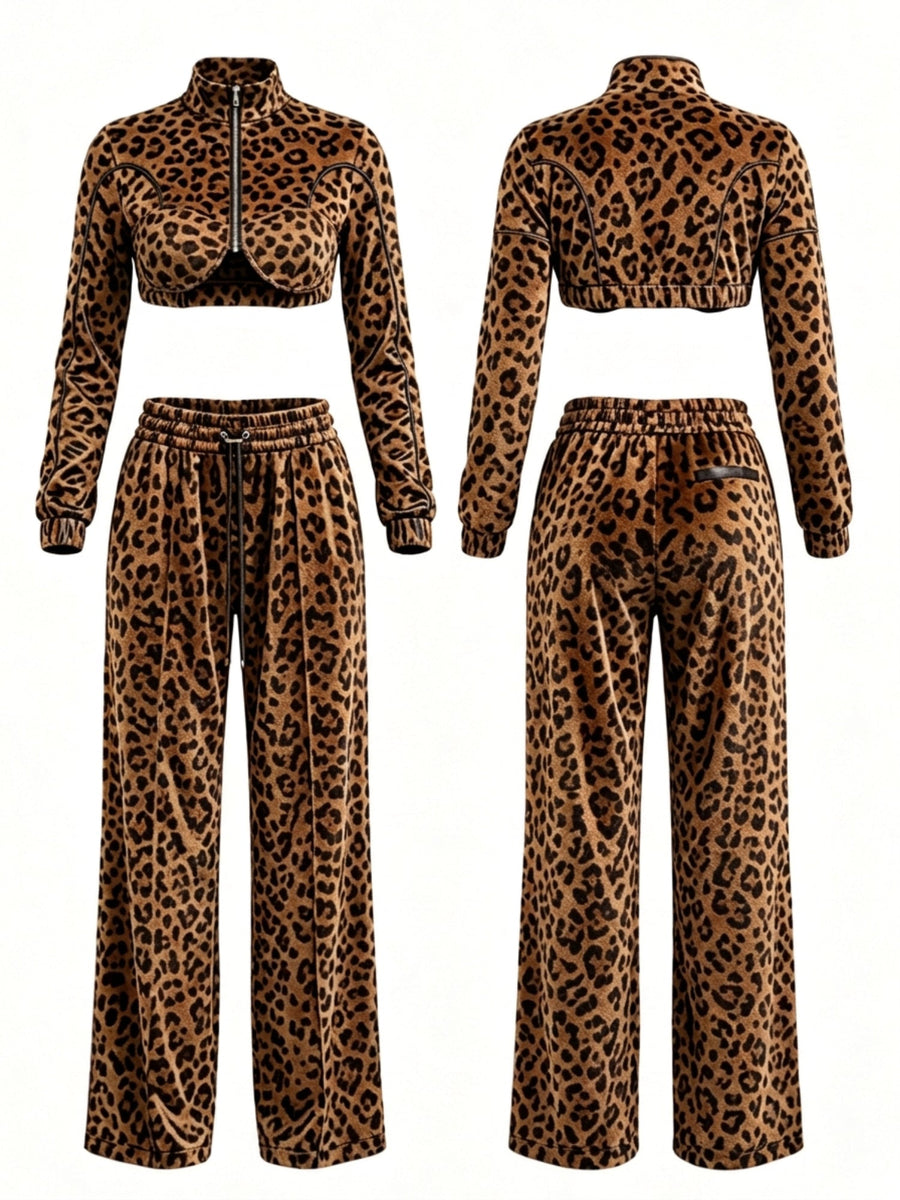 Leopard Print Velour Crop Top Wide Leg Pants 2 Piece Set