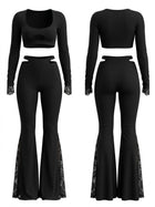 Cutout Long Sleeve Crop Top Lace Flare Pants 2 Piece Set