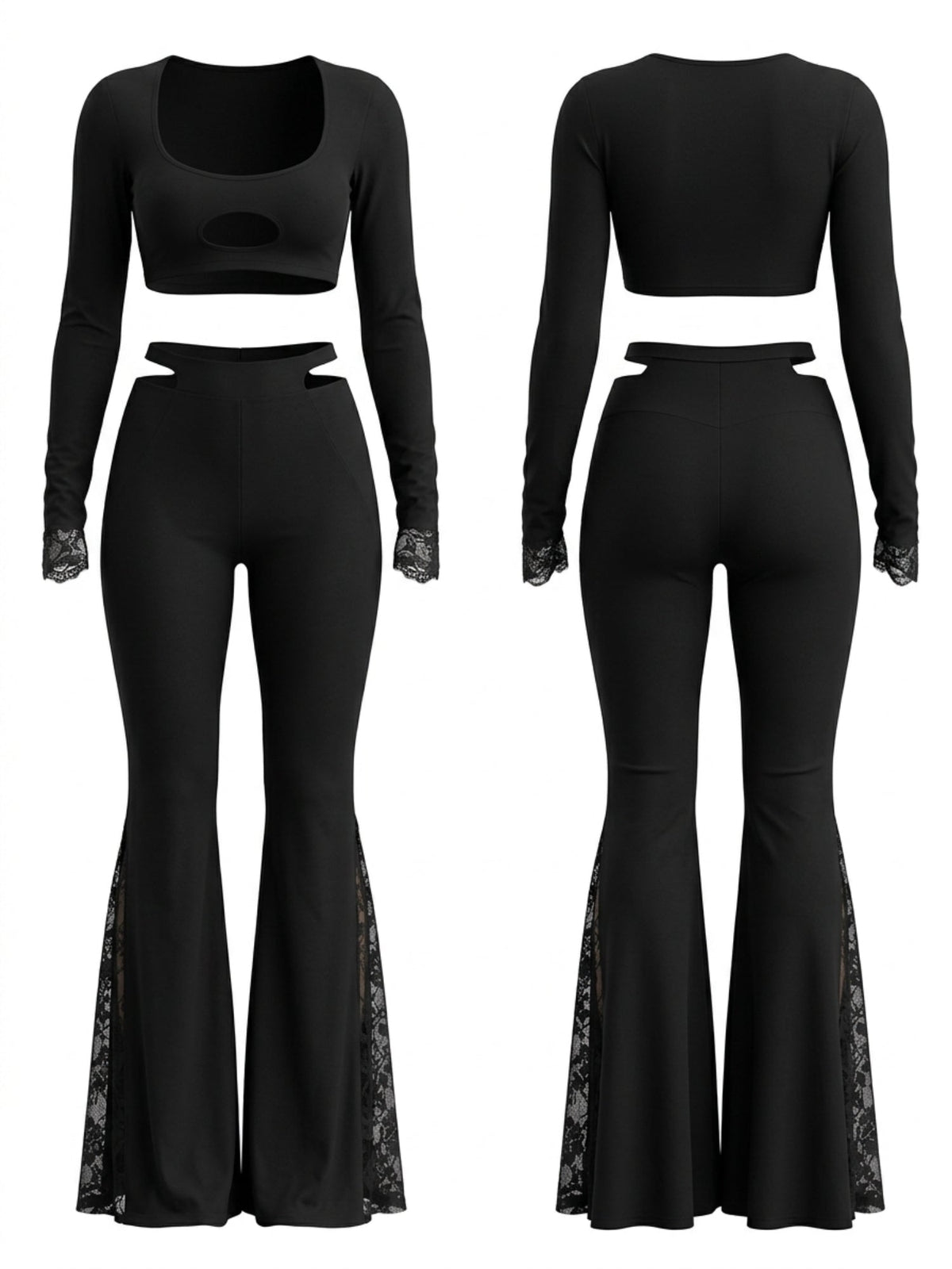 Cutout Long Sleeve Crop Top Lace Flare Pants 2 Piece Set