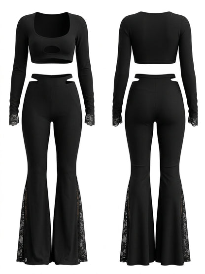 Cutout Long Sleeve Crop Top Lace Flare Pants 2 Piece Set