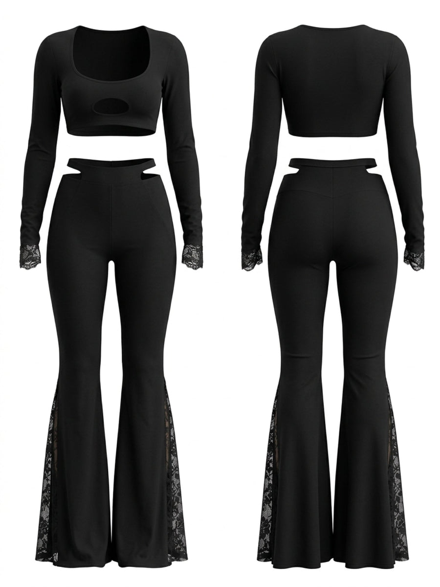 Cutout Long Sleeve Crop Top Lace Flare Pants 2 Piece Set