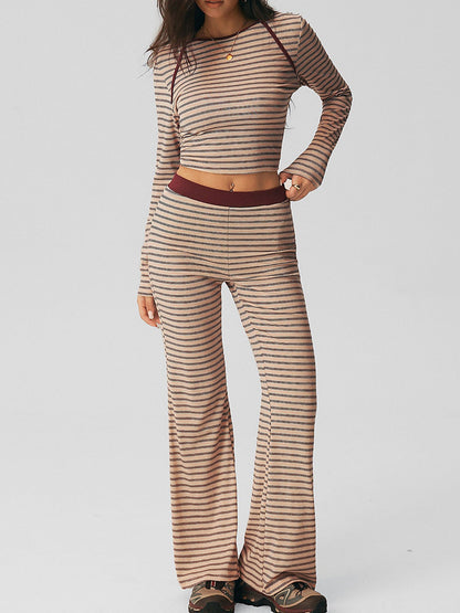 Striped Ribbed Knit Cropped Top and Flared Trousers Set