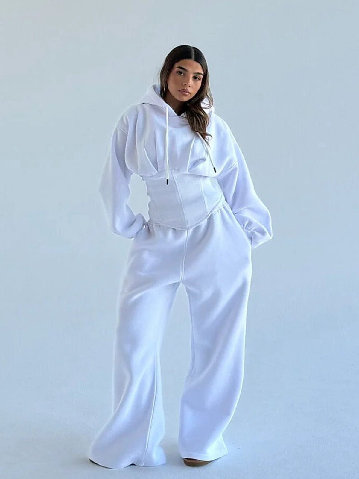 Women's Oversized Hooded Sweatshirt, Corset, and Wide-Leg Sweatpants Three-Piece Set