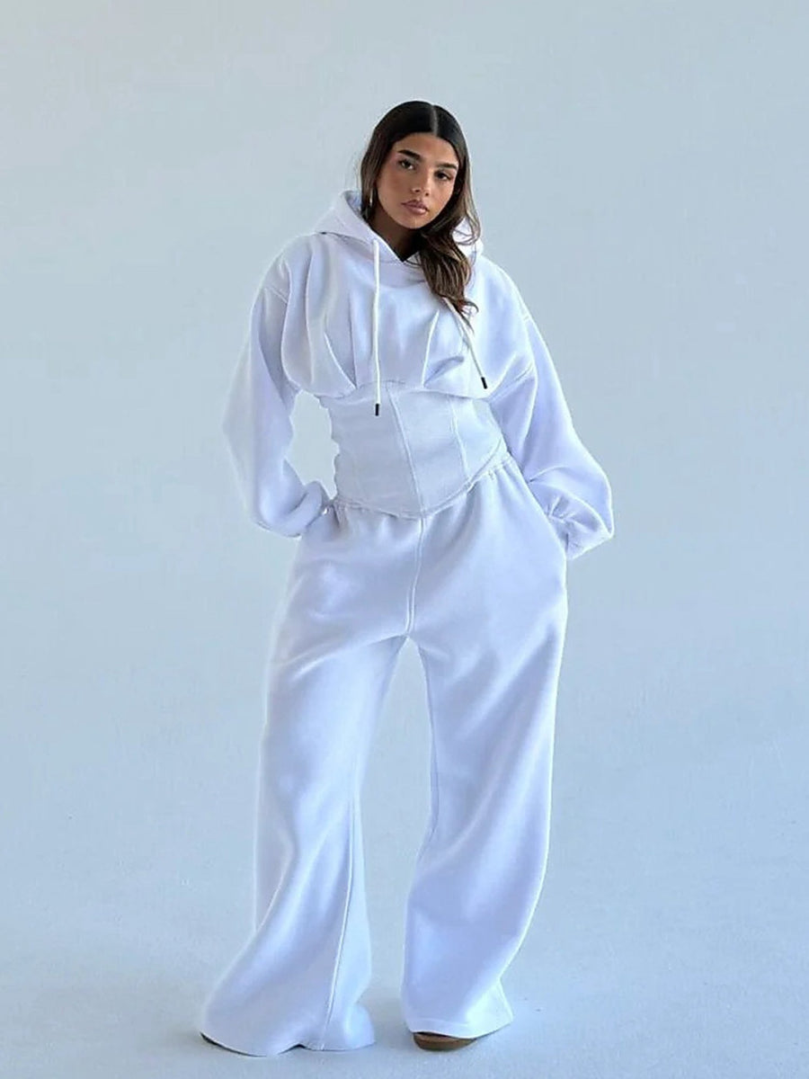 Women's Oversized Hooded Sweatshirt, Corset, and Wide-Leg Sweatpants Three-Piece Set