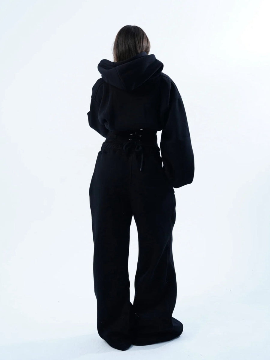 Women's Oversized Hooded Sweatshirt, Corset, and Wide-Leg Sweatpants Three-Piece Set